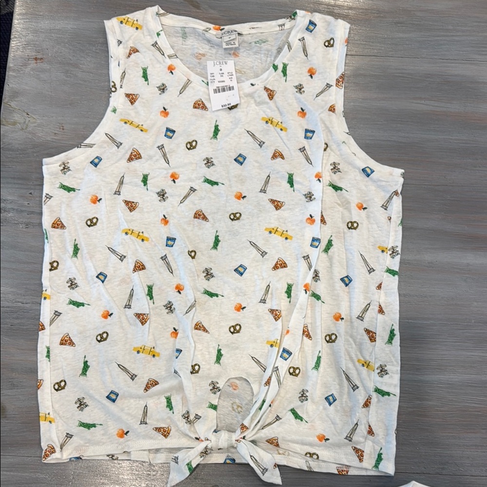 J. Crew Cream Sleeveless Knot-Front Tank with City Icons